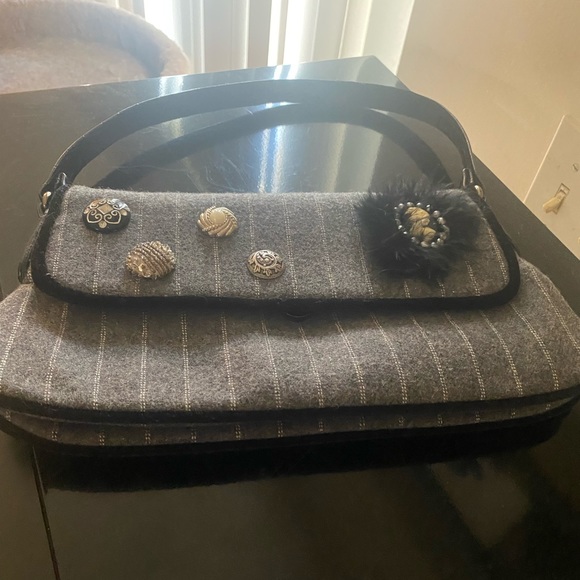 Vintage Handbag Gray Tweed Hand Crafted Buttons Cameo Pin Antique - Picture 12 of 14